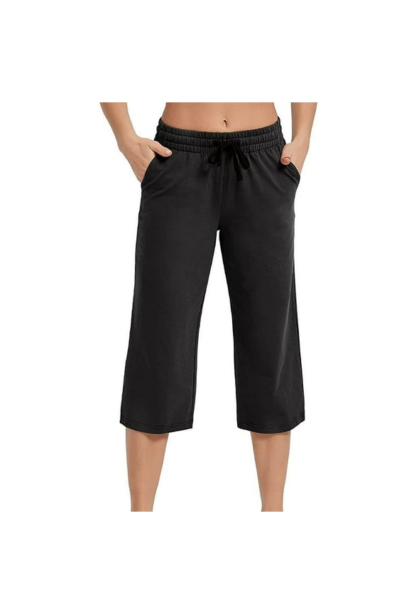 Womens Casual Summer Cropped Lightweight Pull on Capris Petite Gym Loose Crop Pants Gaucho Low Waist Capri Pants Black S