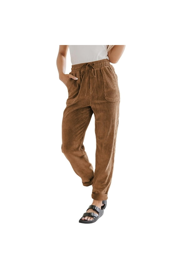 Womens Corduroy Pants Pull on High Waist Straight Leg Elastic Waist Drawstring Cargo Pants Relaxed Fit Warm Petite Joggers Stretch Winter Trousers Khaki 2XL