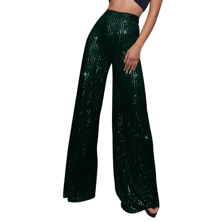 Susanny Womens Dark Green Sequin Pants High Waisted Wide Leg