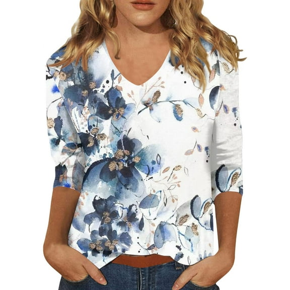 Susanny Womens Dress Tops and Blouses Plus Size Half Sleeve V Neck Women's T-Shirts Elbow 3/4 Length Sleeve Floral Women's Shirts Women's Casual Summer Tops Blue XL