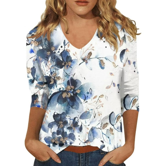 Susanny Womens Dress Tops and Blouses Plus Size Half Sleeve V Neck Women's T-Shirts Elbow 3/4 Length Sleeve Floral Women's Shirts Women's Casual Summer Tops Blue XL