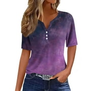 Susanny Womens Dressy Tops Tie Dye Short Sleeve Henley Button Down Shirts Ladies Work Tunic Tops Cute Loose Fit Blouses Dark Purple 2XL