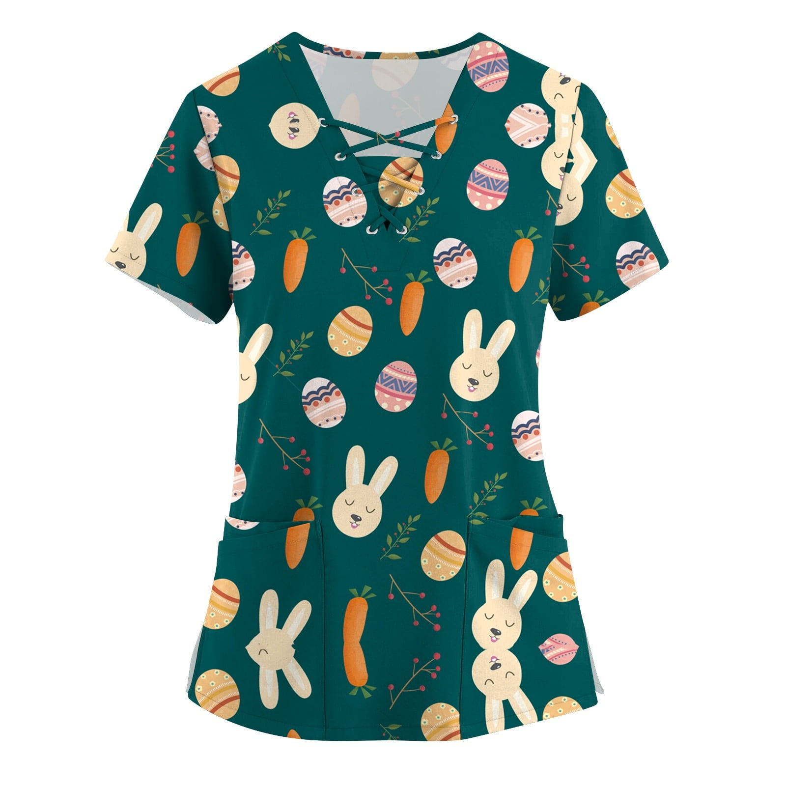 Susanny Womens Easter Scrubs Plus Size Bunny Rabbit Eggs Scrubs Tops