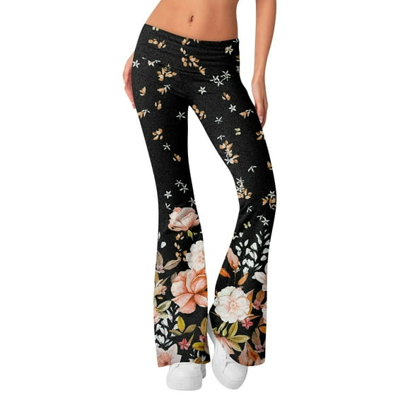 Susanny Womens Yoga Pants with Pockets High Waisted Pants Floral Wide Leg Flare Yoga Pants Boot Cut Yoga Leggings Pants Work Pants Black XS
