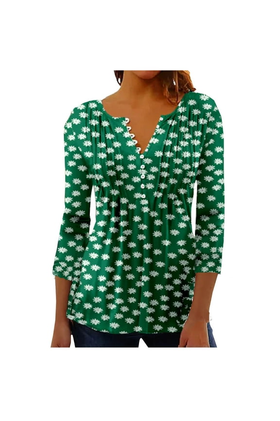 Womens Plus Tunic Tops Pleated Flare Elbow 3/4 Length Sleeve Dress Shirts Business Casual Flowy Button Down Casual Blouses for Summer Polka Dot Boho Tops Summer Dark Green 2XL