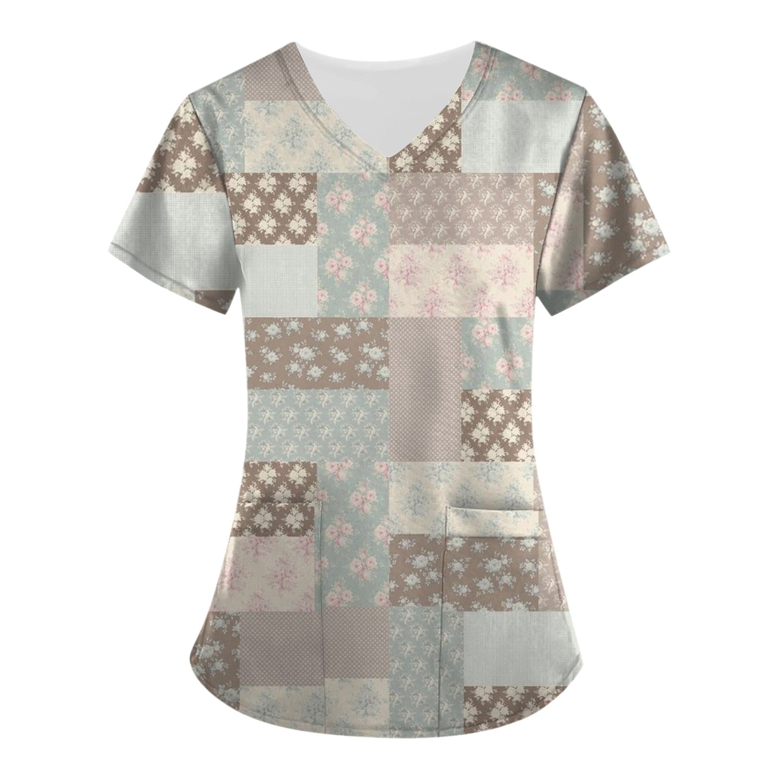 Susanny Womens Scrub Sweater Floral Graphic with Pockets Short Sleeve
