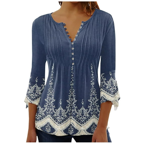 Susanny Tee Shirts for Women Plus Size Pleated Western Fitted Shirts Button Down Flare Elbow 3/4 Length Sleeve Summer Tops Flowy Ladies Dressy Blouses Sky Blue 3XL