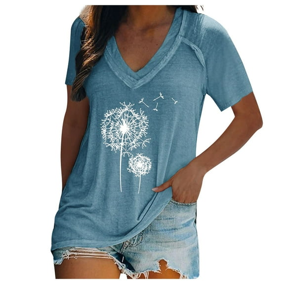Susanny Womens Short Sleeve Polyester Tops Dandelion Print Flowy T Shirts for Women Clearance V Neck Summer Shirts for Women Plus Size Dressy Blouse for Women Extra Large Blue 4XL