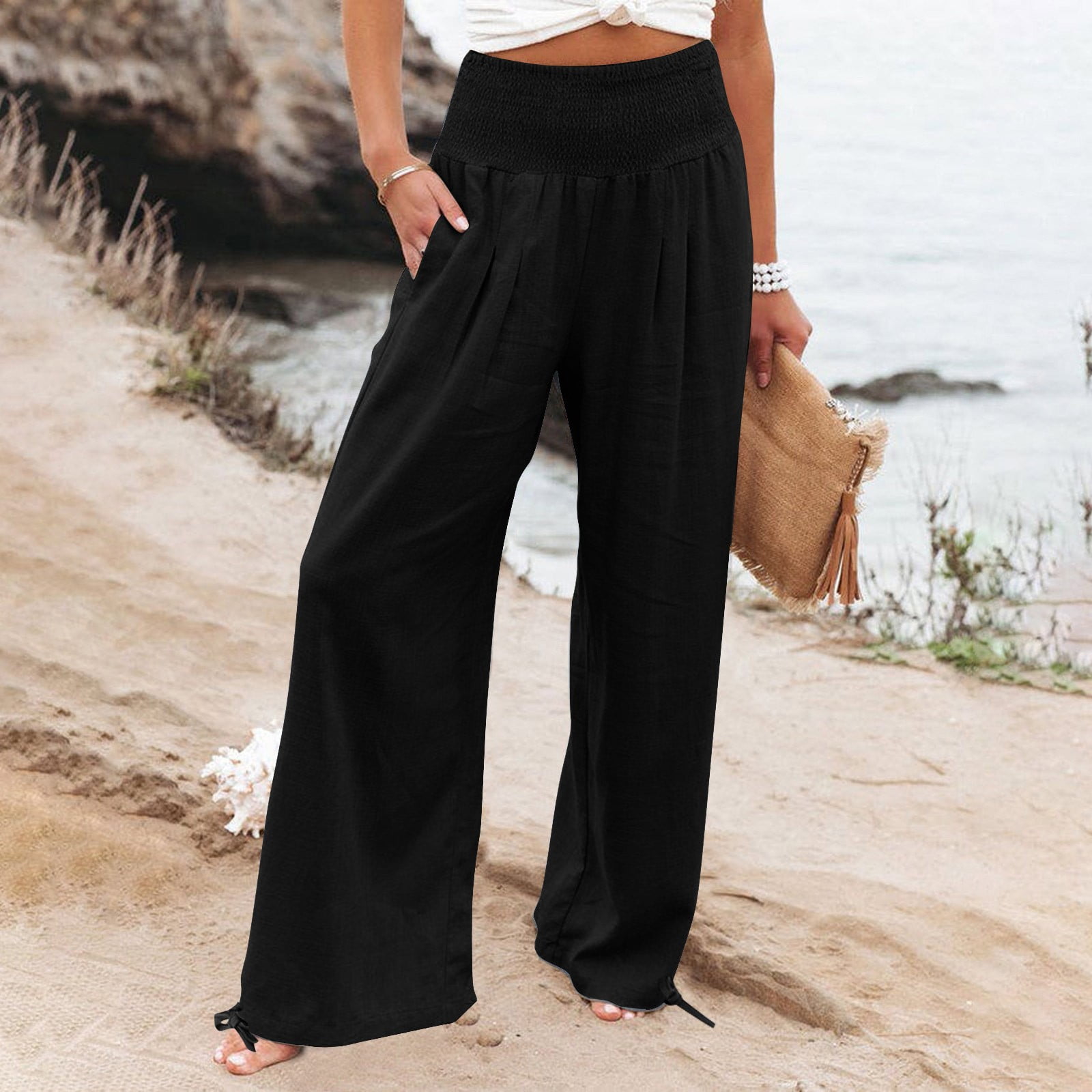 パンツ SIGNATURE One-piece lightweight summer slacks black 24SS-OLS Susanny-Womens-Summer-High-