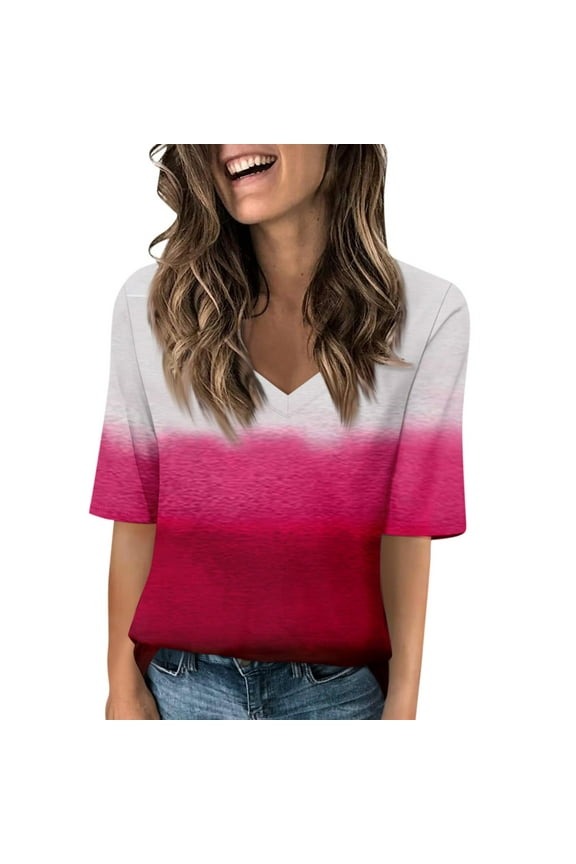 Womens Summer Tops Fashion V Neck Half Sleeve Oversized T Shirts Elbow Length Tee Shirts Casual Tops Loose Fit Red S