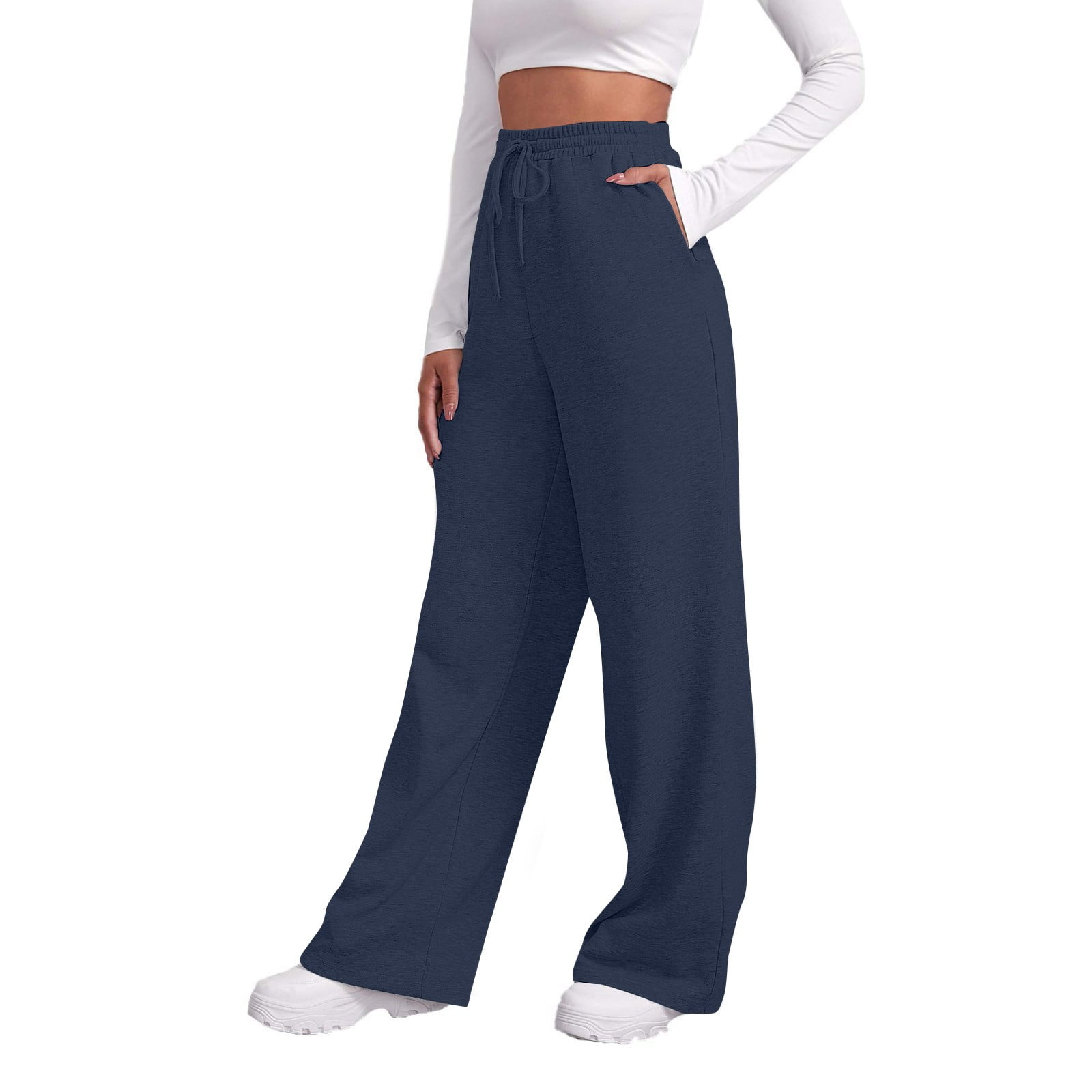 Women Plus Size Straight-Fit Winter Fleece Pants- Navy Blue