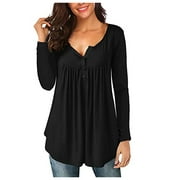 Susanny Womens Tops V Neck T-Shirts Button Up Tunic Casual Flowy Pleated Long Sleeve Blouses Black 3XL