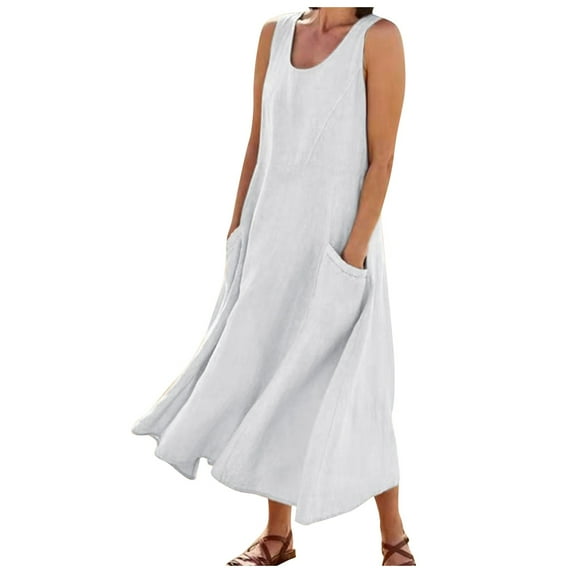 Susanny Womens Wedding Guest Dresses Sleeveless Cotton Linen Plus Size Maxi Dress for Women Floral Tank Long Sundresses for Women Flowy Boho Sun Dresses for Women Plus Size with Pockets White 3XL