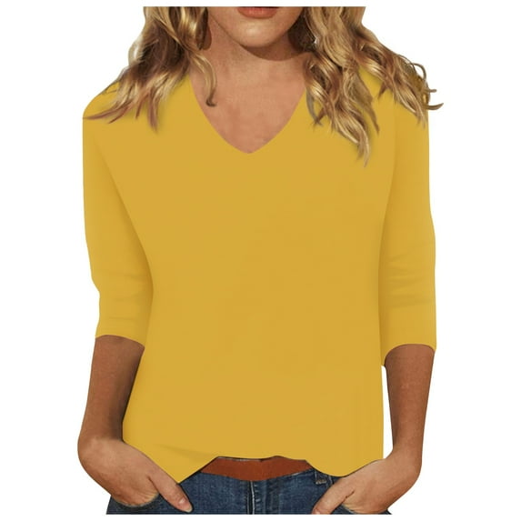Susanny Womens Work Shirts Summer Floral Half Sleeve Tee Shirts for Women Clearance Elbow 3/4 Length Sleeve V Neck Women's Plus Size Tops Casual Women's Plus Size Blouses on Clearance Yellow S