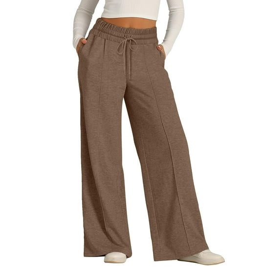 Susanny Sweat Pants for Womens High Waisted Straight Leg with Pockets Baggy Joggers Pants Petite Lightweight Fleece Lined Drawstring Plus Size Sweat Pants with Pockets Brown M