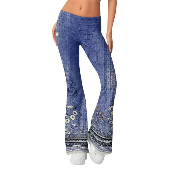 Susanny Womens Yoga Pants with Pockets High Waisted Pants Floral Wide Leg Flare Yoga Pants Boot Cut Yoga Leggings Pants Work Pants Blue S