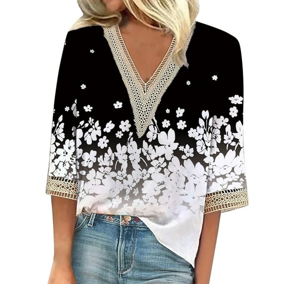 Susanny Work Blouses for Women Plus Size Lace Crochet Half Elbow 3/4 Length Sleeve Womens Summer Shirts Floral V Neck Dressy Tops Womens Tshirts Black S