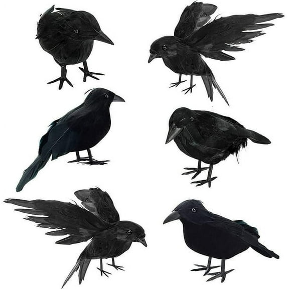 Susenc 6 Pcs Halloween Black Crows Feathered Crows Realistic Looking Ravens Large Handmade Black Crow for Halloween Decoration Party Supplies