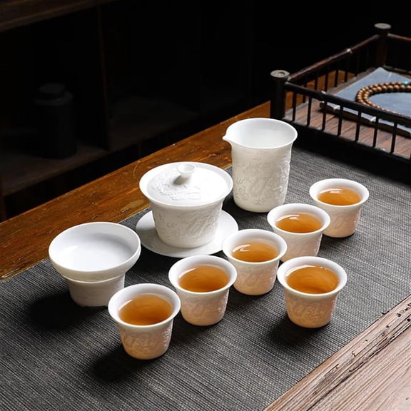 Sushao Sheep Fat Jade Kung Fu Tea Set White Porcelain Gaiwan Relief Dragon And The Phoenix Chinese Tea Set Business Gifts