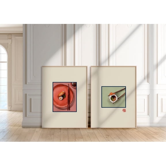 Sushi Art Print Modern Japanese Kitchen Decor Set 2 Stretched Canvas 16x24