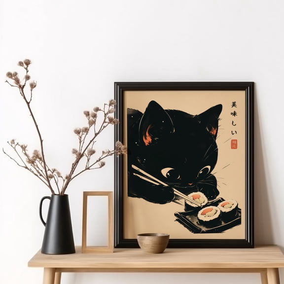 Sushi Black Cat Poster Tokyo Art Print, Oishii Cat Print, Delicious Japanese Food Art, Kitchen Wall Art, Sushi Wall Art, Hungry Cat (Unframed)