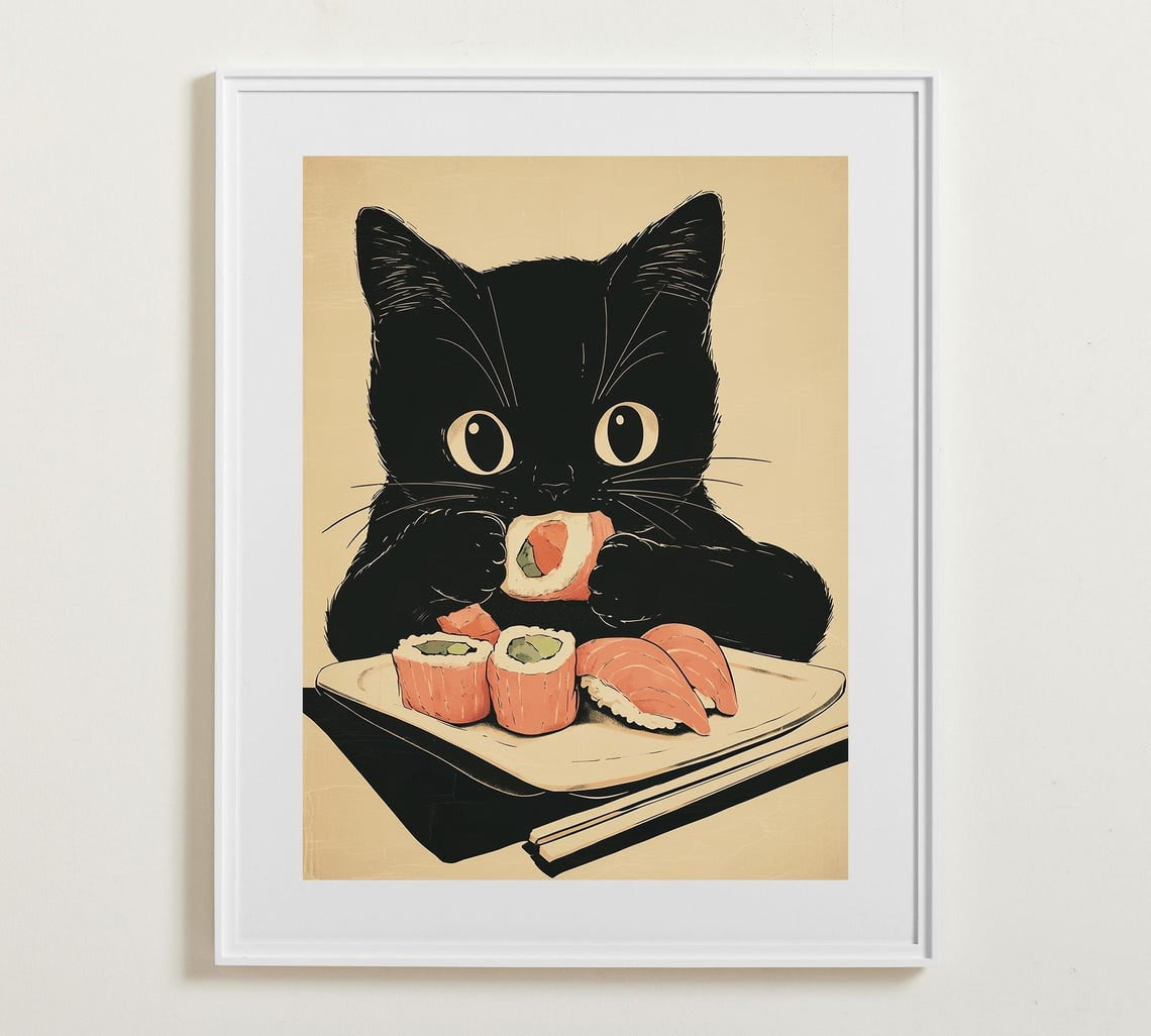 Sushi Black Cat Wall Art, Tokyo Print, Kitchen Decor, Oishii Cat Poster ...