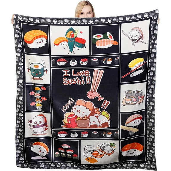 Sushi Blanket Japanese Food Flannel Throw Blanket Cute Cartoon Sushi Food Themed Bed Blanket for Adults Kids 60x80 Inch