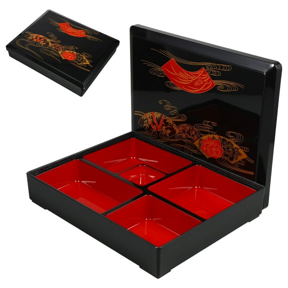 Sushi Box, 1 Pc Medium-Sized Lunch Box Japanese Lunch Box Meal Prep Containers Sushi Box Bento Box for Business Meals (Wood Grain Cover Black)