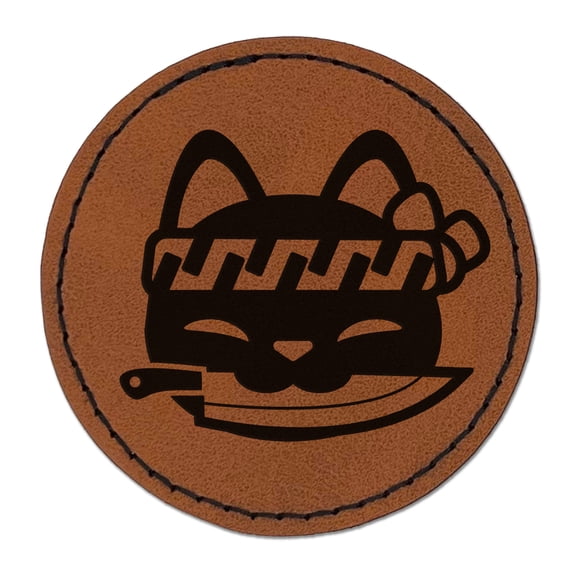 Sushi Cat Chef Knife 2.5" Faux Leather Round Engraved Iron-On Patch - Brown
