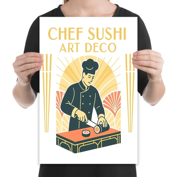 Sushi Chef Art Print - Kitchen Decor - 13x19 Poster Print - Pastel Art Deco Style