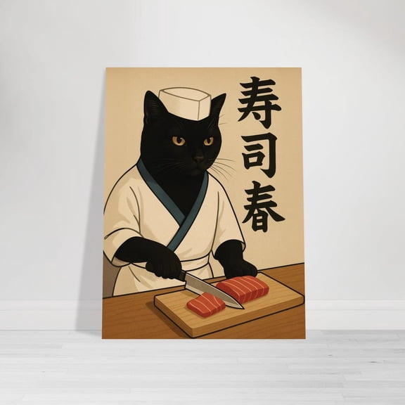 Sushi Chef Cat Wall Art Japanese Kitchen Decor, Unframed Paper Poster 8x10in