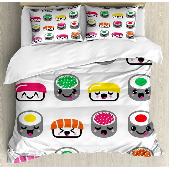 Sushi Duvet Cover Set Queen Size, Cute Kawaii Style Sushi Symbols Smiling and Yawning Expressions Kids Cartoon Concept, Decorative 3 Piece Bedding Set with 2 Pillow Shams, Multicolor, by Ambesonne