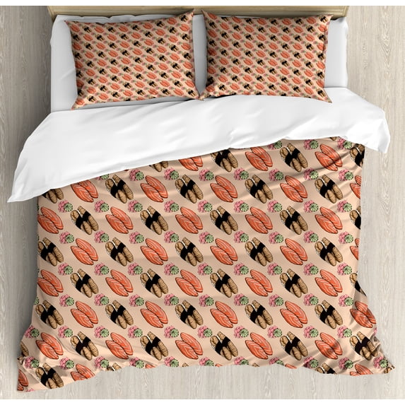 Sushi Duvet Cover Set, Rhythmic Sushi Rolls and Sashimi Japanese Food, Decorative 3 Piece Bedding Set with 2 Pillow Shams, King Size, Peach Pastel Pink, by Ambesonne