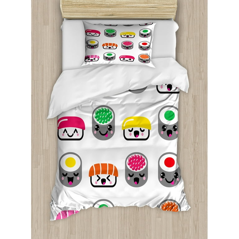 Sushi Duvet Cover Set Twin Size, Cute Kawaii Style Sushi Symbols