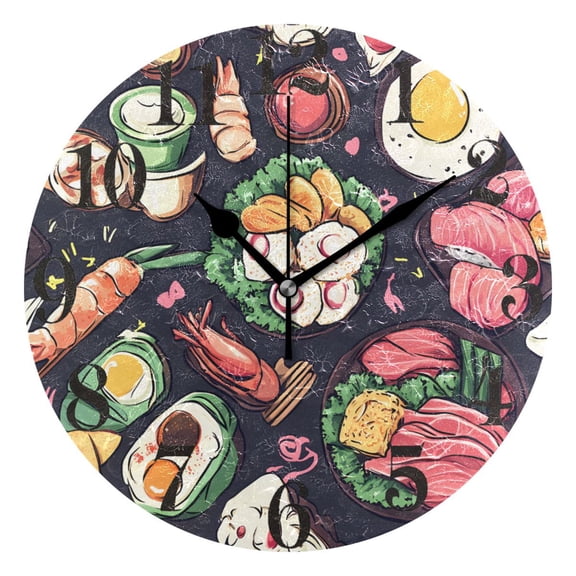 Sushi Egg Shrimp Fish Round Wall Clock Battery Operated Silent Non-Ticking Bedroom Office Kitchen Home School Decor 10"(Black)