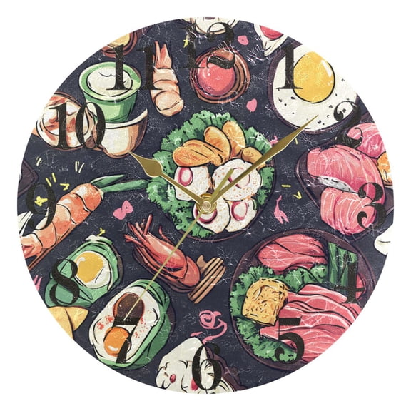 Sushi Egg Shrimp Fish Round Wall Clock Battery Operated Silent Non-Ticking Bedroom Office Kitchen Home School Decor 10"(Gold)