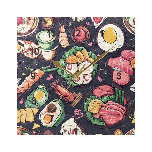 Sushi Egg Shrimp Fish Wall Clock Battery Operated Silent Non-Ticking Bedroom Office Kitchen Home School Decor 7.8"(Gold)