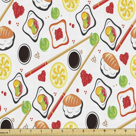 Ambesonne Sushi Fabric by the Yard Upholstery, Traditional Japanese Cuisine, 3 Yards, Multicolor