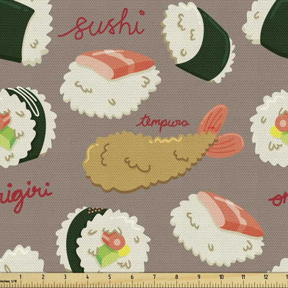 Ambesonne Sushi Fabric by the Yard Upholstery, Delicious Onigiri and Tempura, 2 Yards, Multicolor