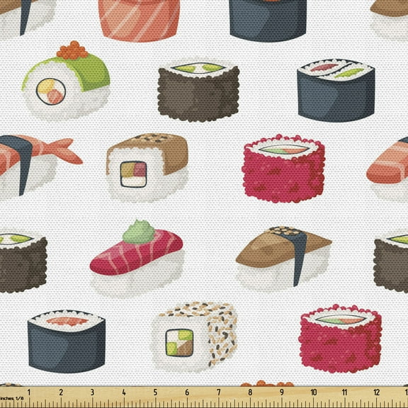 Ambesonne Sushi Fabric by the Yard Upholstery, Various Yummy Graphic Rolls, 5 Yards, Multicolor