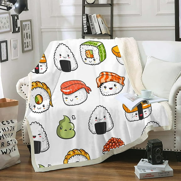 Sushi Food Blanket Twin Cartoon Food Themed Sherpa Fleece Throw Blanket Japanese Food Cute Cartoon Sushi Bed Blanket for Couch Sofa (White, Twin(80"x60"))