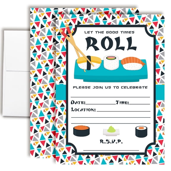 Sushi, Let The Good Times Roll Birthday Invitations for Kids, 20 Fill-In Cards with Envelopes, 5x7 Children's Birthday Party Invitations, Birthday Party Supplies, Made in USA by Amanda Creation