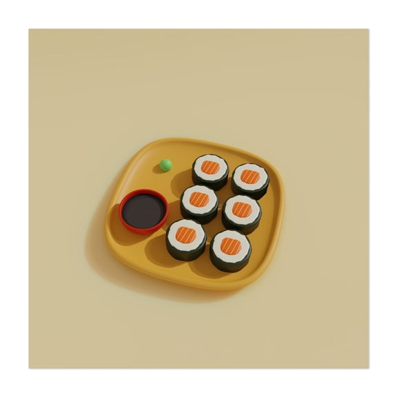 Sushi Maki Plate - Digital Art Sushi Japanese Food Minimalist Kitchen Decor Modern Art Pop Art Illustration Unframed Wall Art Print 16 x 16 inches