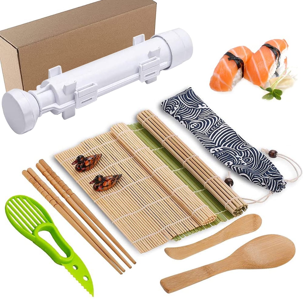 Cosmonic Sushi Making Kit, 2 Bamboo Sushi Mats and 1 Professional Sushi Bazooka Rice Roller, 2 Pairs of Bamboo Chopsticks, Avocado Slicer Holder Paddle