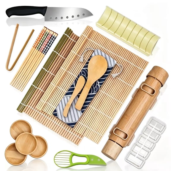 Sushi Making Kit, 23 in 1 Bamboo Sushi Maker Bazooka Sushi Roller Kit with Mat, Sushi Knife, Tweezers, Chopsticks and Holder, Mold, Dishes, Spreader Knife, Avocado Slicer, Bag