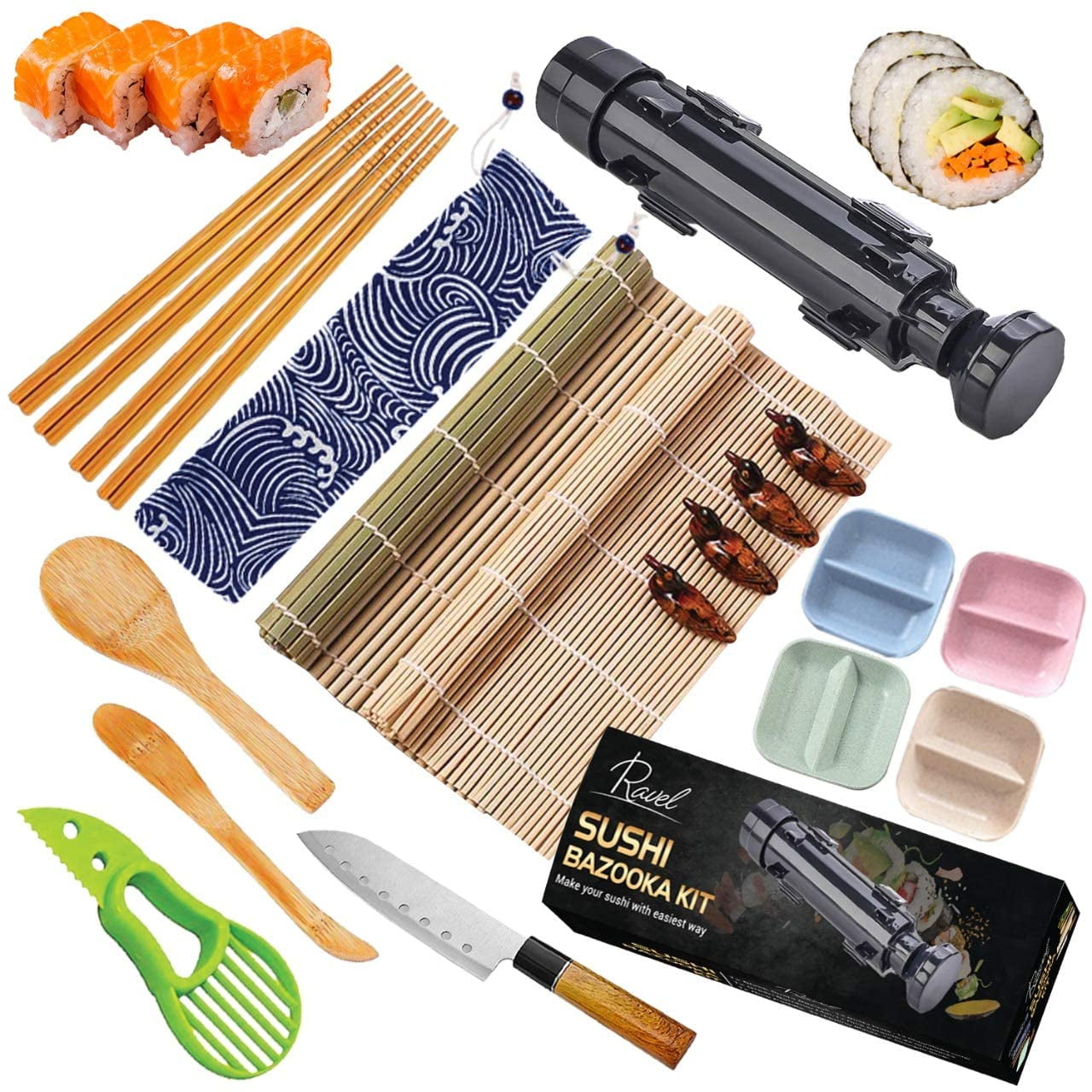 VKZATVN Sushi Making Kit - Sushi Bazooka Maker Kit with Bamboo Sushi Rolling Mat, Chopsticks with Holders, Home DIY Sushi Roller Tool for Sushi Lovers