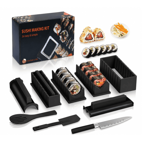 Sushi Making Kit Deluxe Edition Complete Sushi Maker Kit 12PCS Home Sushi Mold Press with Sushi Rice Roll Mold Shapes,Fork , Sushi Knife,Sushi Rolling Mat,Chopsticks