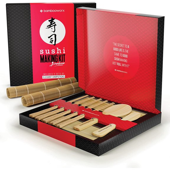 Sushi Making Kit Deluxe - Includes 2 Bamboo Sushi Rolling Mats, Rice Spreader, Rice Paddle, 5 Pairs Chopsticks - 100% Bamboo Home Sushi Maker Kit for Beginners- Great Gift Idea for Chef - Roller Mat