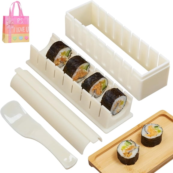 Sushi Making Kit, Sushi Maker Kit, Sushi Molds Press with Sushi Rice Mold Shapes,Sushi Maker Roller Kit, Sushi Kit for Beginners, DIY Home Onigiri Mold Sushi Tool (White, 1Set)