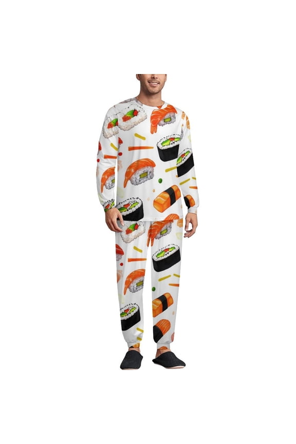 Sushi Men's Pajama Set Sleepwear Pjs Lightweight Long Sleeve Crewneck Shirts and Bottoms Soft Comfy Sleep Sets 3XL